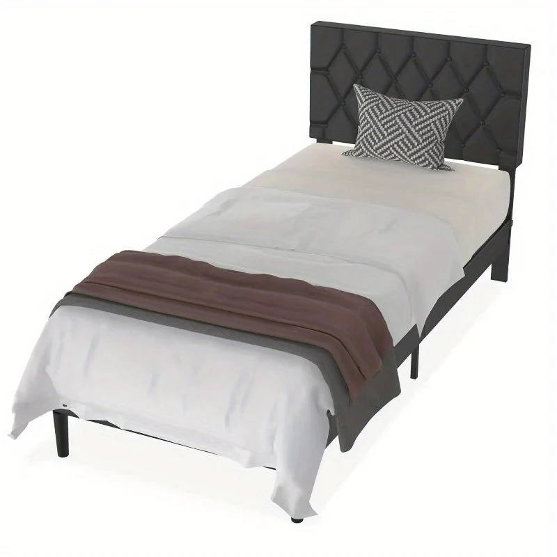 Bedframe – Eenpersoonsbed – Seniorenbed – Kinderbed – Logeerbed – Zwart Kunstleren Hoofdbord – Stevig Metalen Lattenbodem 90x200 cm