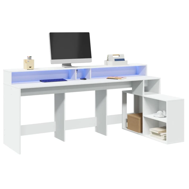 Bureau – Werkplektafel – Computertafel – Laptoptafel – Schrijftafel – Wit – RGB LED-verlichting – Vochtbestendig Hout