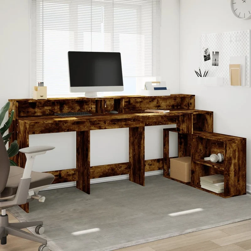 Bureau – Werkplektafel – Laptoptafel – Schrijftafel – Computertafel – Smoked Oak Kleur – RGB LED Verlichting – Ruime Opbergruimte