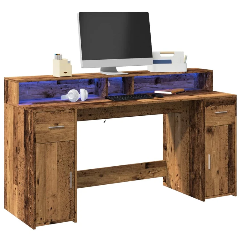 Laptoptablet Bureau – Werkplek Meubel – Computertafel – Thuiskantoor Bureau – Behandeld Hout – RGB LED Verlichting – 160x55x91 cm