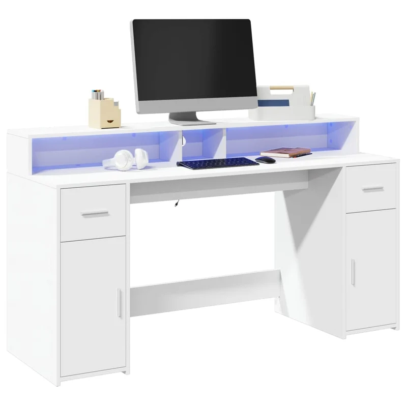 Laptoptablet bureau – werktafel – computertafel – gametafel – houten bureau – duurzaam en stabiel – RGB LED verlichting – wit 160x55x91 cm