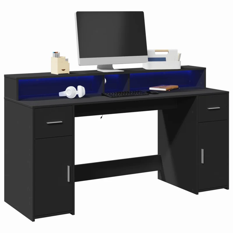 Bureau – Werktafel – Bureau Tafel – Computertafel – Zwart Bureau 160x55x91 cm – Duurzaam Hout – Instelbare RGB LED-Verlichting