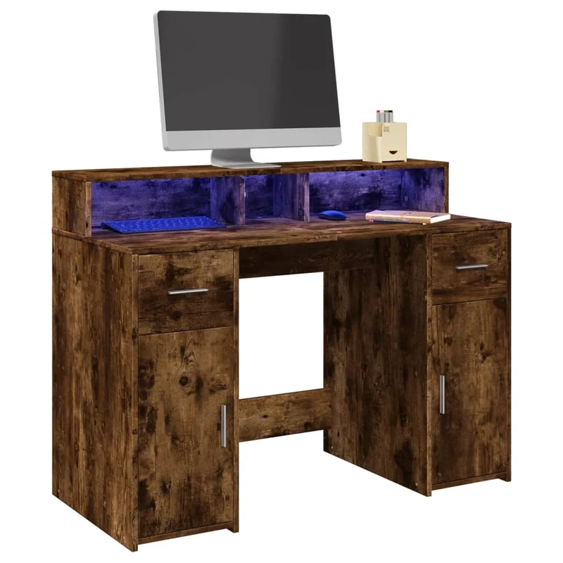 Bureau – Werkplek Meubel – Computer Bureau – Laptop Tafel – Smoked Oak Kleur – Verstelbare RGB LED-Verlichting – Stevig Verwerkt Hout 120x55x91 cm