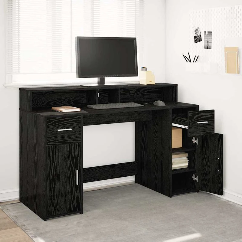 Bureau – Werkplek – Laptoptafel – Computertafel – Study Desk – Zwart Eiken – RGB LED Verlichting – Compact 140x55x91 cm