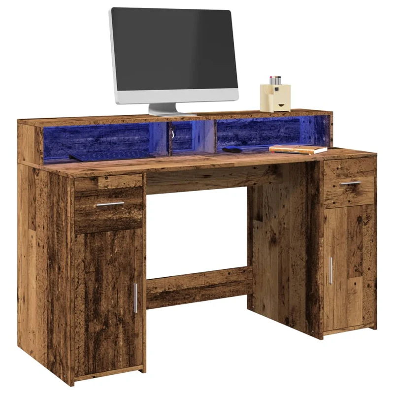 Bureau – Schrijftafel – Werkplek – Laptoptafel – Oud Hout – RGB LED Verlichting – Ruime Opbergruimte