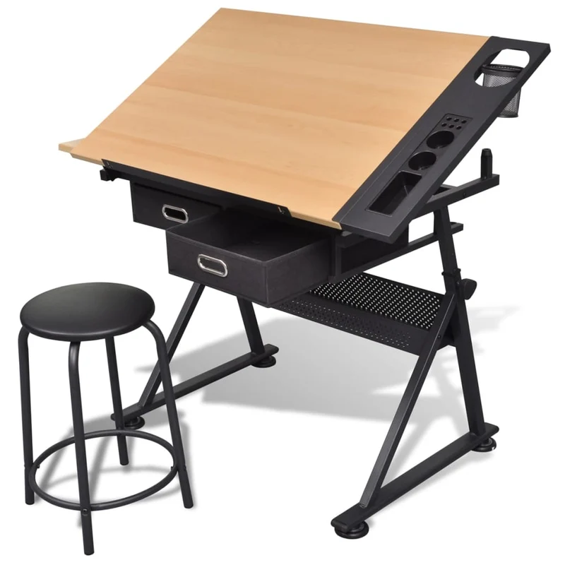 Tekentafel – Tekentafelbureau – Lessenaar – Werktafel – Hobbytafel – Kantelbaar Werkblad – Inclusief Gevoerd Krukje