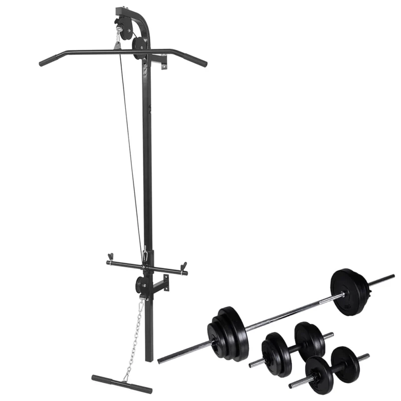 Power Tower – Krachtstation – Fitnessstation – Trainingsrek – Muurbevestiging – Compact Stalen Frame – Compleet Gewichtenset 30,5 kg – Antislip Handgrepen