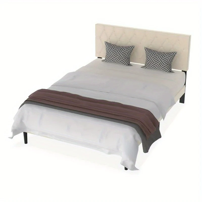 Bedframe – Metalen Bed – Eenpersoonsbed – Tienerbed – Logeerbed – Beige Leren Hoofdeinde – 140x200 cm Stevig Metalen Frame