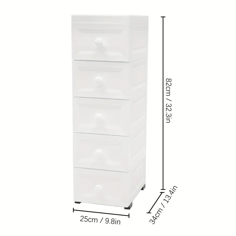 Ladenkast – Ladekast – Kommode – Opbergkast – Dressoir – Modern – 5 Lades – Wieltjes – Wit – Kunststof – Compact 25x34x82 cm