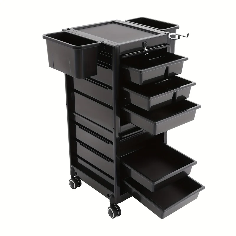 Opbergtrolley Salon – Beauty Trolley – Kapperskar – Opbergwagen – Werkplaatswagen – Met 6 Laden & 2 Zijmanden – Zwart Kunststof – Stil 360° Zwenkwielen & Haardrogerhouder