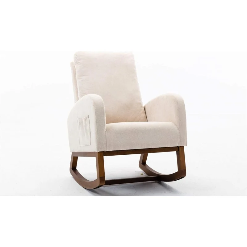 Schommelstoel – Relaxstoel – Fauteuil – Schommelstoel Met Armleuningen – Loungestoel – Beige Kussen – Massief Houten Frame – Max. Draagkracht 136 Kg