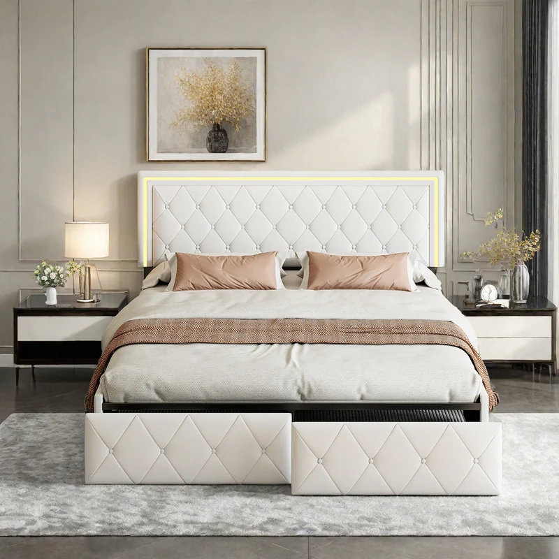 Tweepersoonsbed – Bedframe – Opbergbed – Led Bed – Slaapkamerbed – 160x200 cm – PU Leder Bekleding – Ingebouwde USB Oplaadpoorten
