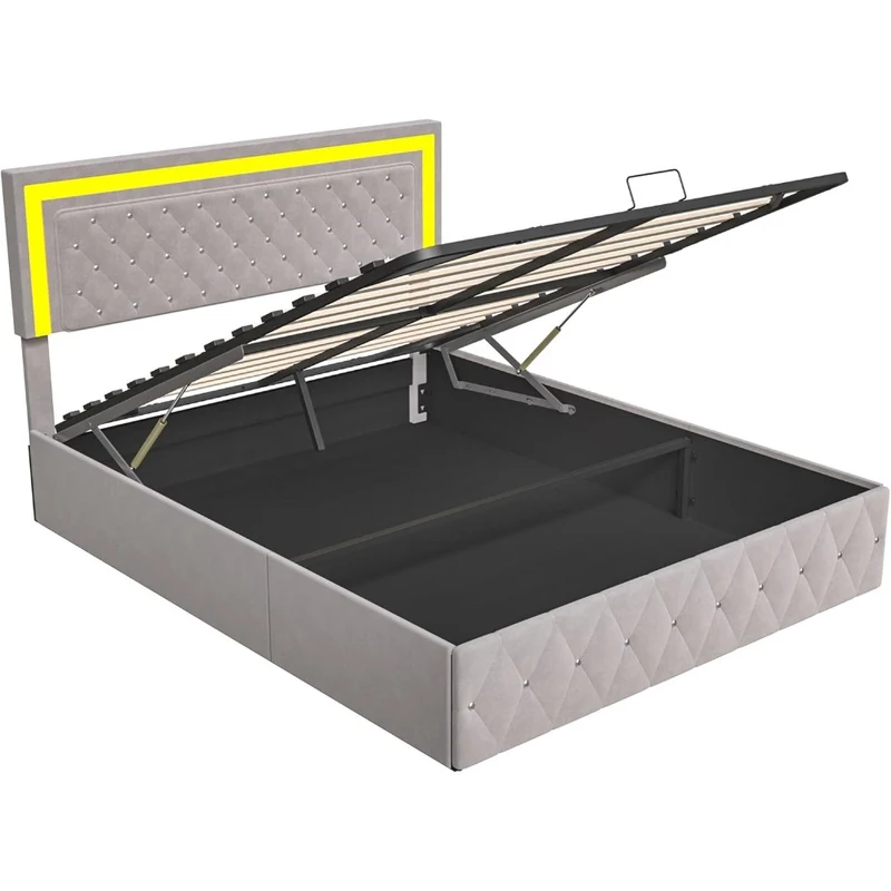 Tweepersoonsbed – Opbergbed – Slaapbank – Bedframe – Boxspring – Hydraulisch Hefmechanisme – Verstelbare LED-verlichting – 160x200 cm – Beige – Stof Bekleed
