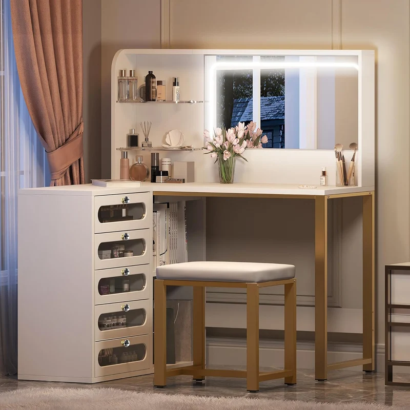 Witte Make-up Tafel – Schminktisch – Visagie Meubel – Make-up Bureau – Make-up Spiegel – Instelbare Verlichting Met 3 Kleuren – 5 Lades Met Opbergruimte
