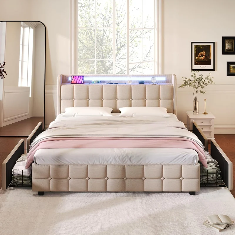 Tweepersoonsbed – Opbergbed – Gestoffeerd Bed – Bed 160x200 – Slaapbed – Met LED Verlichting – 4 Lades – USB Oplader – Houten Frame – Beige