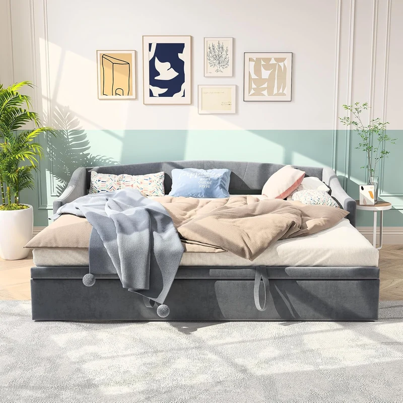 Daybed – Bedbank – Eenpersoonsbed – Slaapbank – Bedframe – Velvet Bekleed – 90 x 200 cm – Houten Lattenbodem