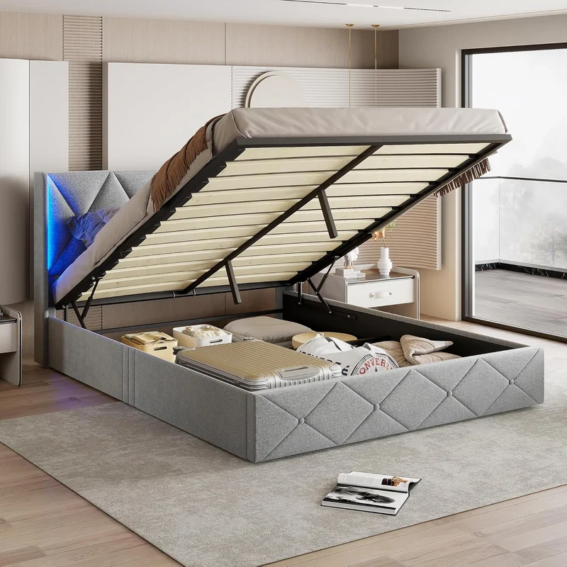 Tweepersoonsbed – Bedframe – Opbergbed – Boxspring – Bedlade – 160x200 cm – Velvet Bekleding – Hydraulische Opbergruimte Met LED-Verlichting