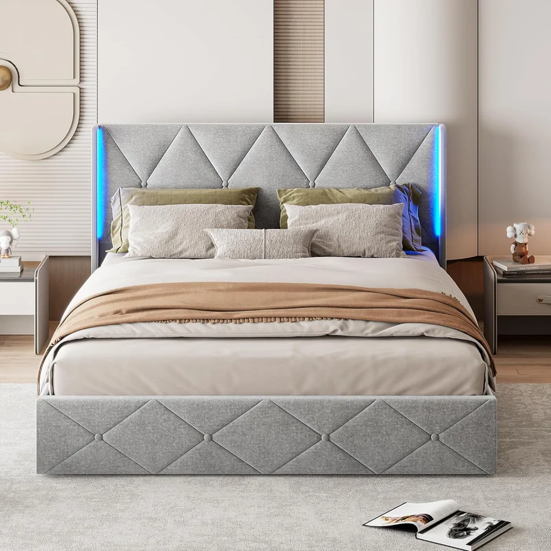Opbergbed – Gestoffeerd Bed – Opbergbedden – Tweepersoonsbed – Bedframe – 160x200 cm – Hydraulisch Opbergfunctioneel – LED Hoofdbord