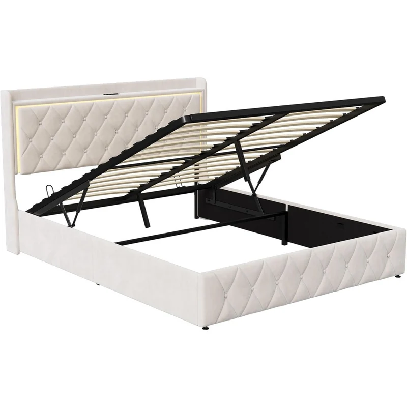 Tweepersoonsbed – Bed Met Opbergruimte – Led Bed – Fluwelen Bed – Oplaadbaar Bed – 140x200 cm – Verstelbare RGB LED Verlichting – Ingebouwde USB- en Type-C Poorten