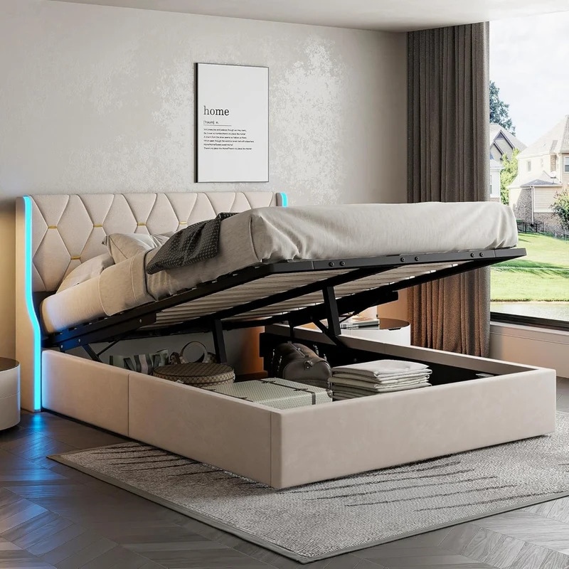 Opbergbed – Gestoffeerd Bed – Tweepersoonsbed – Opbergruimte Bed – Hydraulisch Bed – 140x200 cm – Velvet Bekleding – LED Verlichting