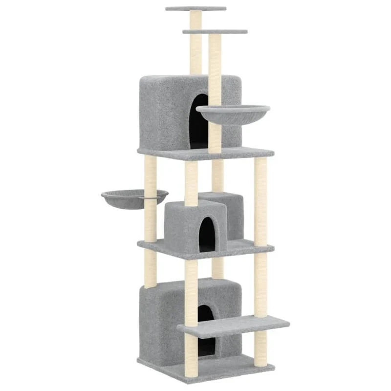 Krabpaal – Kattenklimrek – Kattenboom – Krabmeubel – Kattenhuis – Lichtgrijs – 180 cm Hoog – Duurzaam Plywood Met Sisal