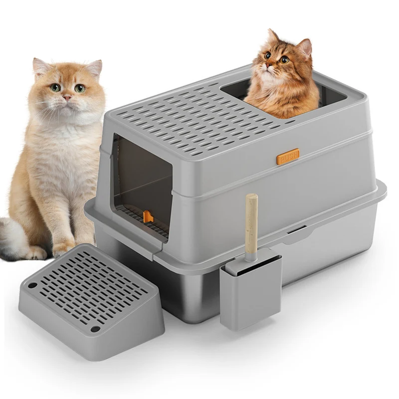 Kattenbak – Kattentoilet – Kattenbak met Kap – Roestvrijstalen Bak – Open Kattenbak – Extra Groot – Boveninstap Ontwerp – Duurzaam Roestvrij Staal