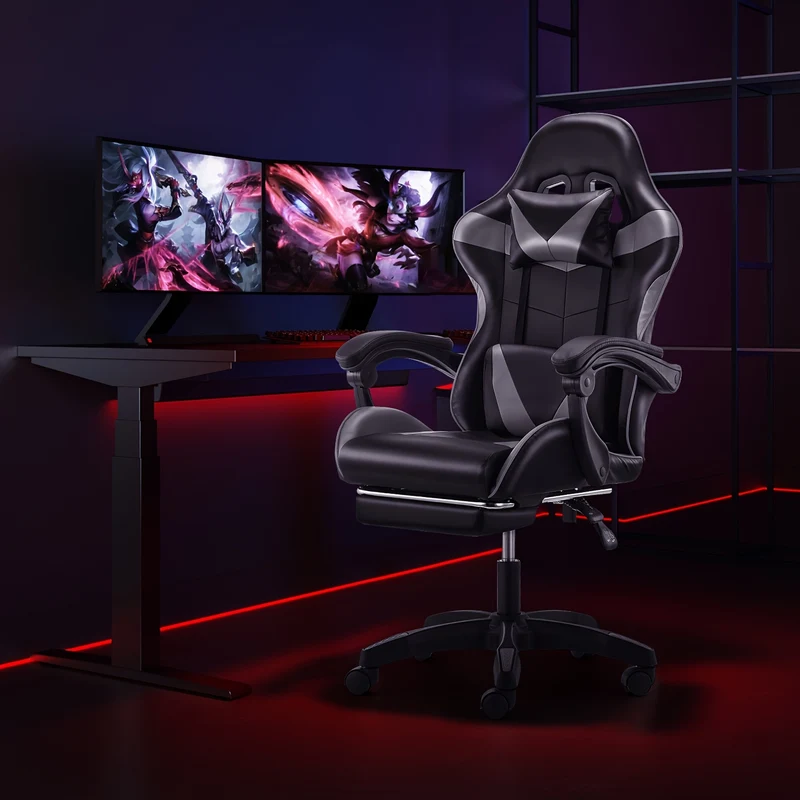 Gaming Stoel – Gamestoel – Gaming Chair – Game Stoel – Bureaustoel – Ergonomisch Ontwerp – Verstelbare Hoogte & Kantelbare Rugleuning – Zwart-Grijs