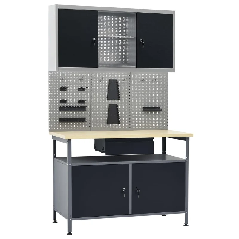 Werkbank – Werkplek – Werktafel – Werkbankset – Garagewerkbank – Zwart – 300 kg Draagvermogen – Verstelbare Poot