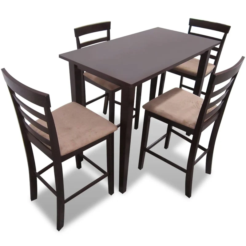 Eettafelset – Eettafel Met Stoelen – Dinerset – Keukenmeubel – Tafel Met Stoelen – Compact Formaat – Rubberhout & Beklede Zitting – Warme Bruintinten
