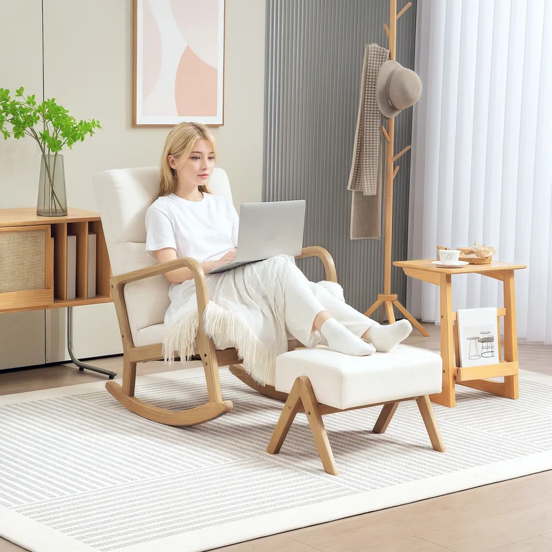 Schommelstoel – Loungestoel – Relaxstoel – Fauteuil – Zitstoel – Met Voetenbank – Bamboe Frame – Comfortabele Katoenen Bekleding – Max. Draagkracht 150 kg – Crème Wit