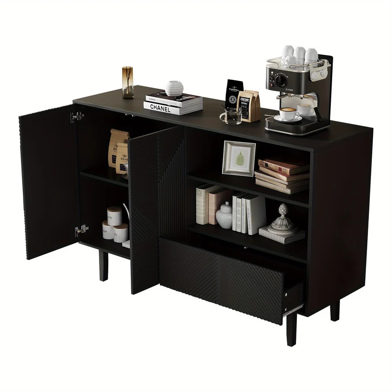 Dressoir – Opbergkast – Buffettafel – TV-meubel – Kast – Mat Zwart – Geometrisch Reliëf – 125x40x86 cm – Stevige Spaanplaat