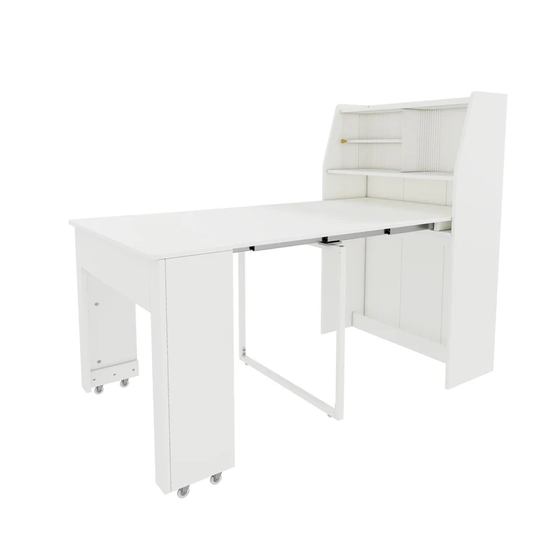 Uitschuifbare Eettafel – Verstelbare Tafel – Uitklapbare Tafel – Opbergtafel – Multifunctionele Eettafel – Wit Spaanplaat – Lengte 52-132,5 cm – Met Opbergruimte