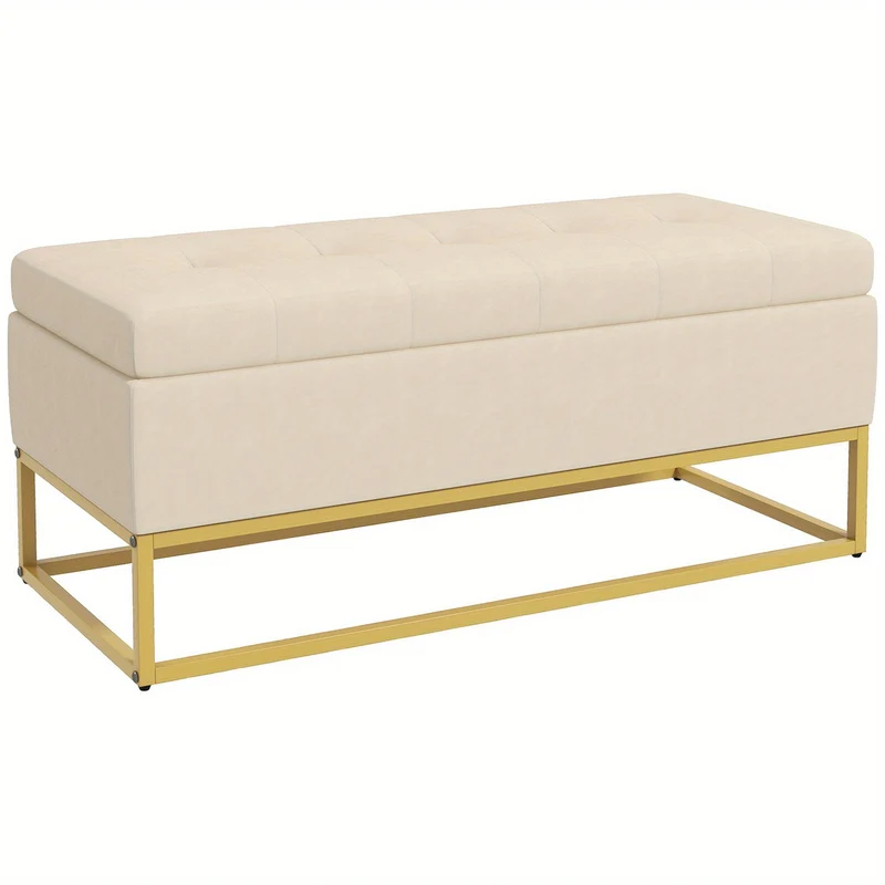 Opbergbank – Opbergmeubel – Zitbank – Halbank – Fluwelen Bank Beige – Met Opbergruimte – Goudkleurige Stalen Poten – 110x44x49 cm