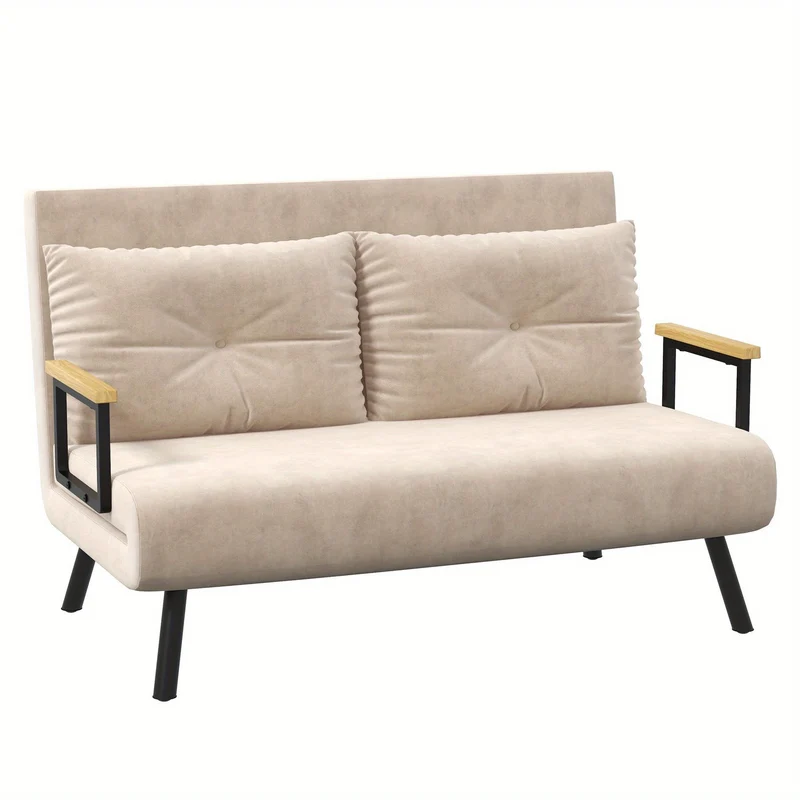 Slaapbank – Bedbank – Bankbed – slaapcouch – slaapzetel – Beige Polyester – Verstelbare Rugleuning 5 Standen – Chaise Longue Met Losse Kussens
