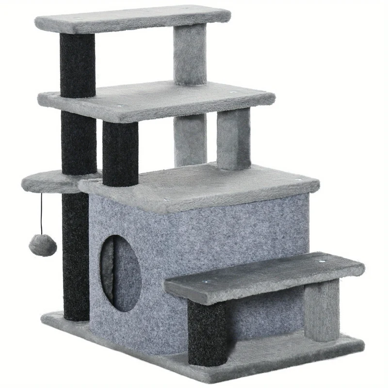 Krabpaal – Kattenboom – Kattenhuis – Kattenmeubel – Krabmeubel – Verstelbare 3-4 Treden – Zachte Beklede Trap – Stevig Spaanplaat – Met Knusse Slaapcave