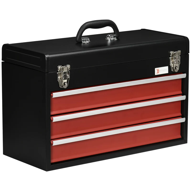 Gereedschapskist – Gereedschapskoffer – Toolbox – Opbergkist – Gereedschapsbox – 3 Laden Met Slot – Stalen Zwarte Kast Met Rood