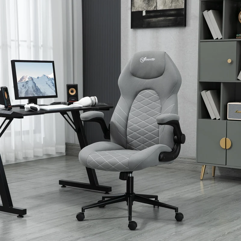 Ergonomische Bureaustoel – Kantoorstoel – Werkstoel – Studiebureaustoel – Thuiswerkstoel – Verstelbare Armleuningen – Schommelfunctie – Lichtgrijs Polyester