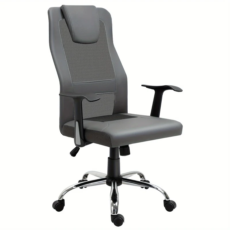 Ergonomische Bureaustoel – Bureaustoel Met Armleuningen – Draaistoel – Werkstoel – Bureaustoel Voor Thuis – Verstelbare Zithoogte – 360° Draaibaar – Grijs Kunstleer – Stevige Houten Constructie – Max. 120 kg