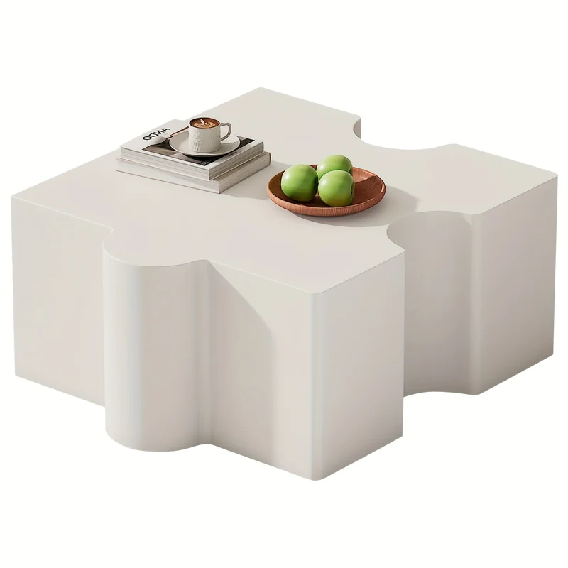 Salontafel – Koffietafel – Bijzettafel – Woonkamertafel – Tafeltje – Modern Wit Puzzelpatroon – Bamboe Tafelblad – Compact 65x65x32 cm