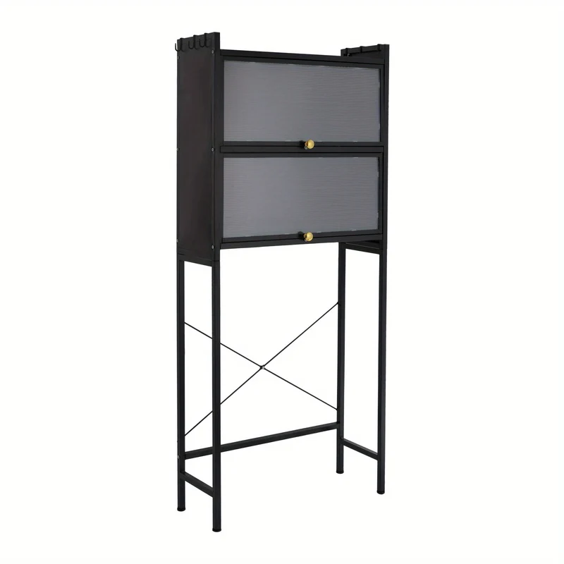 Wasmachine Kast – Wasruimte Kast – Opbergkast Wasmachine – Wasmachine Meubel – Vrijstaande Kast – Zwart Carbonstaal – 3 Planken & 6 Haken – 70x25x167 cm – Max. 50 kg Belastbaar