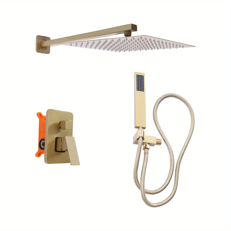 Inbouw Doucheset – Regendouche – Handdouche – Thermostaatkraan – Douchestel – 30cm Goudkleurig – Geborsteld Messing – Duale Stralen – Drukbalancerende Cartridge