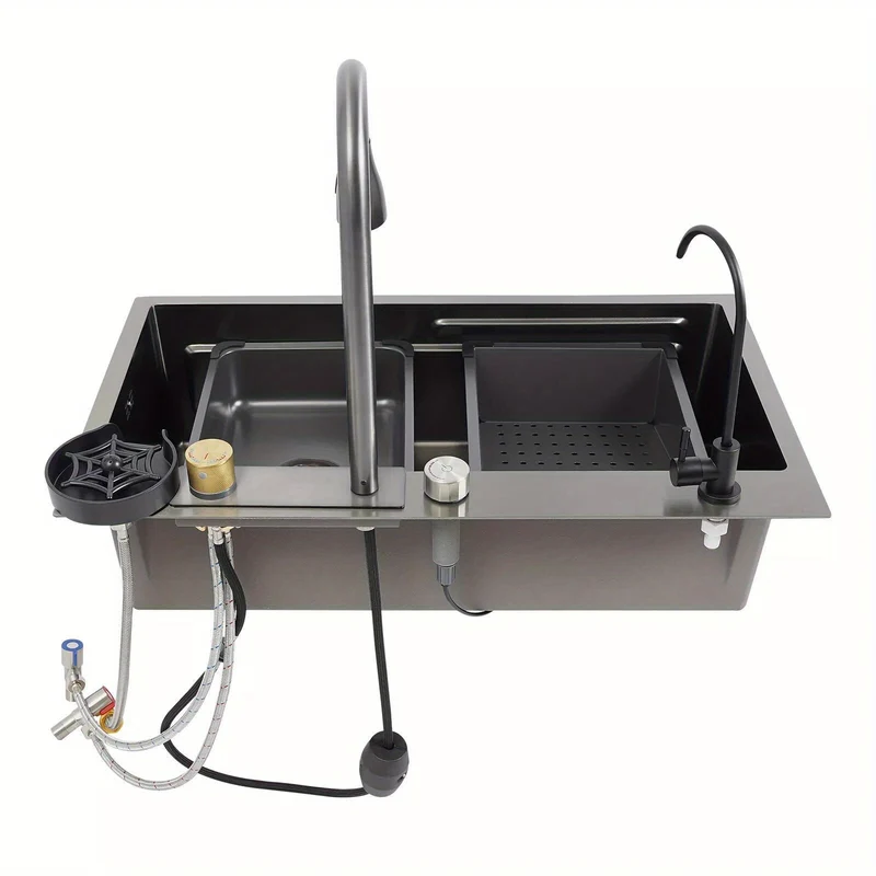 Keukenspoelbak – Gootsteen – Wasbak – Spoelbak – Enkele Spoelbak – RVS – Matzwart – Groot Enkelvoudig Bassin 75x45 cm – Inclusief Afdruipblad en Uittrekbare Kraan