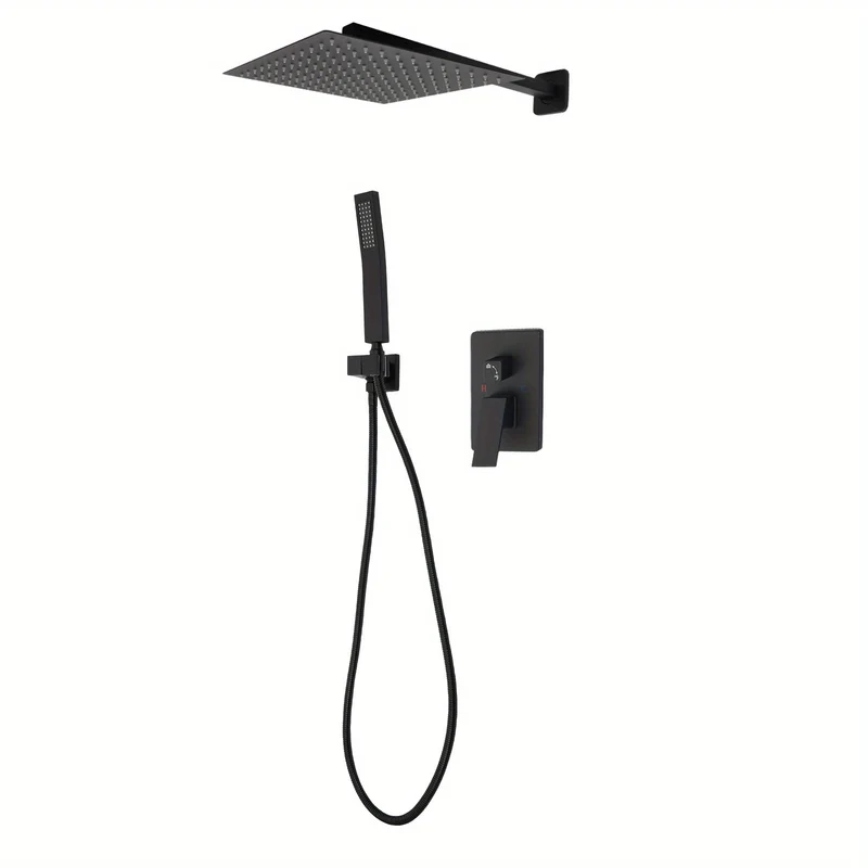 Regendouche – Regenval Douche – Doucheset – Douchekop – Douchekolom – Mat Zwart – 30 cm Hoofddouche – RVS en Messing