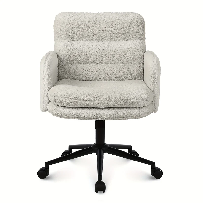 Bureaustoel – Office Chair – Bureaustoel – Gamestoel – Werkstoel – Verstelbare Hoogte – 360° Draaibaar – Zachte Kunstbont Bekleding – Met Rugleuning en Armleuningen – Beige