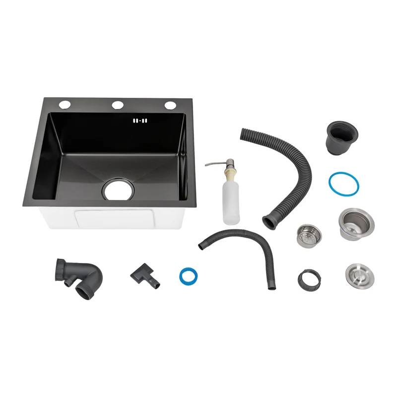 Keukenspoelbak – Spoelbak – Keukensink – Wasbak – Vaatwasbak – Zwart RVS – Royale Binnenmaat 46x35,5 cm – Opbouw Onderbouw Vlakbouw – Met Zeepdispenser en Compleet Accessoiresset