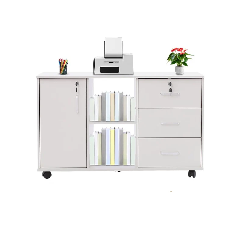 Archiefkast – Ladekast – Kantoorkast – Opbergkast – Dossierkast – Mobiele kast met slot – 5 wielen met rem – 90x34x59 cm – Aluminium frame wit