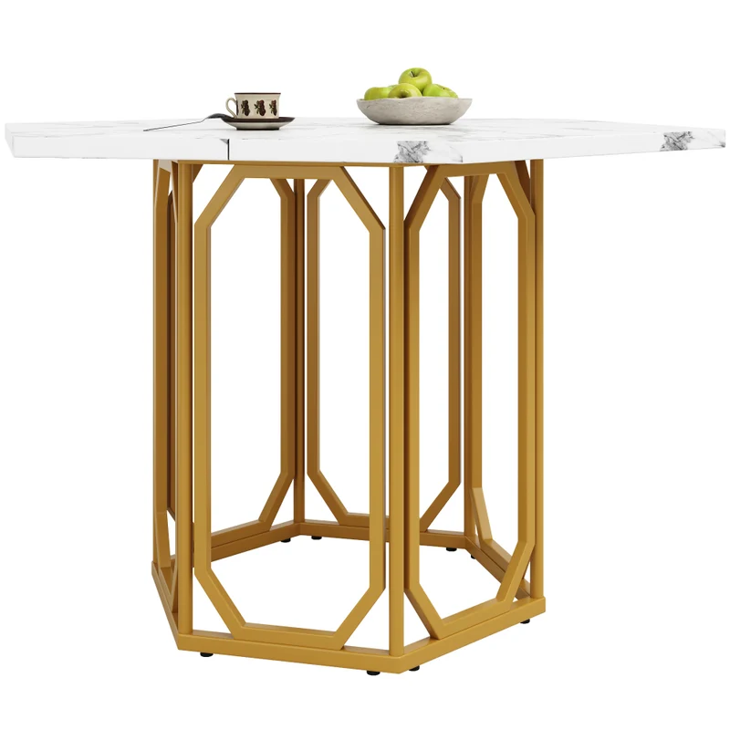Eettafel – Dinertafel – Tafeltje – Keukentafel – Tafel Voor Eetkamer – Hexagonaal Wit Marmerblad – Gouden Metalen Poten – Ruimtebesparend & Modern Design