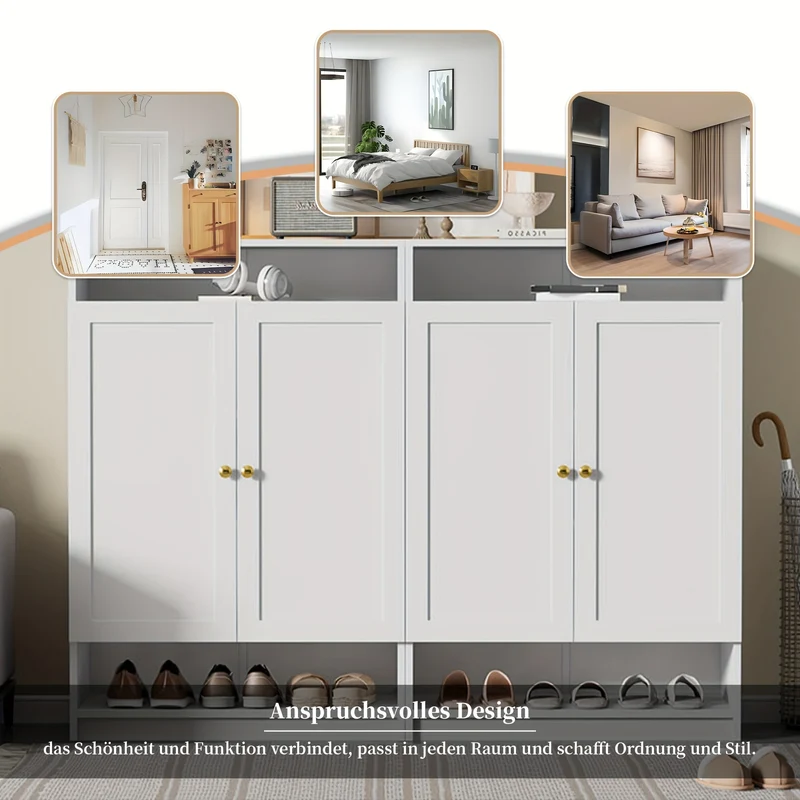 Schoenenkast – Schoenenrek – Schoenenkastje – Schoenopberger – Schoenmeubel – Modern – Wit Met Gouden Handgrepen – Verstelbare Planken – Compact Formaat 73x34x109 cm