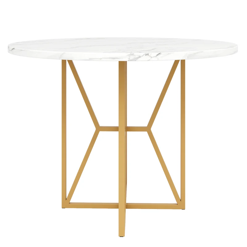 Ronde Eettafel – Eetkamertafel – Keukentafel – Woonkamertafel – Ronde Tafel – Gouden Metalen Poten – Marmerlook MDF Blad – 80x80x76 cm – Geschikt Voor 4-6 Personen