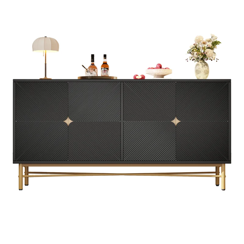 Extra Lange Kast – Dressoir – Sideboard – Opbergkast – Vitrinekast – 160 cm Breed – Zwart Spaanplaat – Vrijstaand Ontwerp – Gouden Handgrepen & Poten